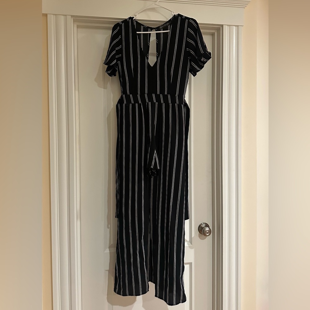 Crystal Doll Elegant Black and White Striped Overlay Hem Romper - Picture 2 of 8